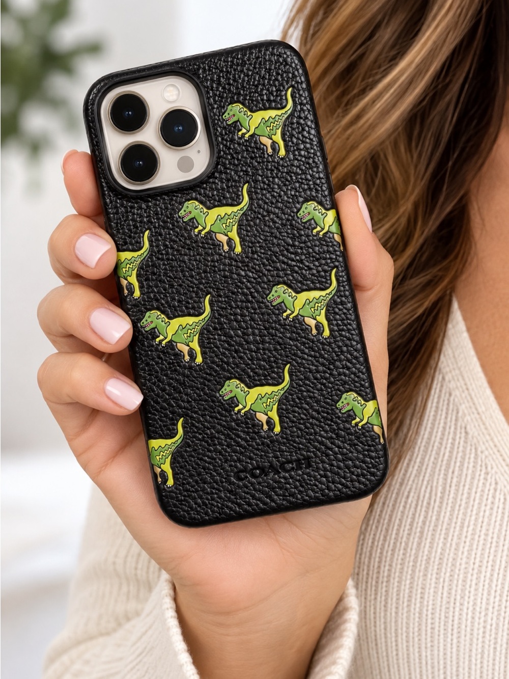 Coach Black Leather iPhone 13 Case with Green Dinosaur Print in EUC